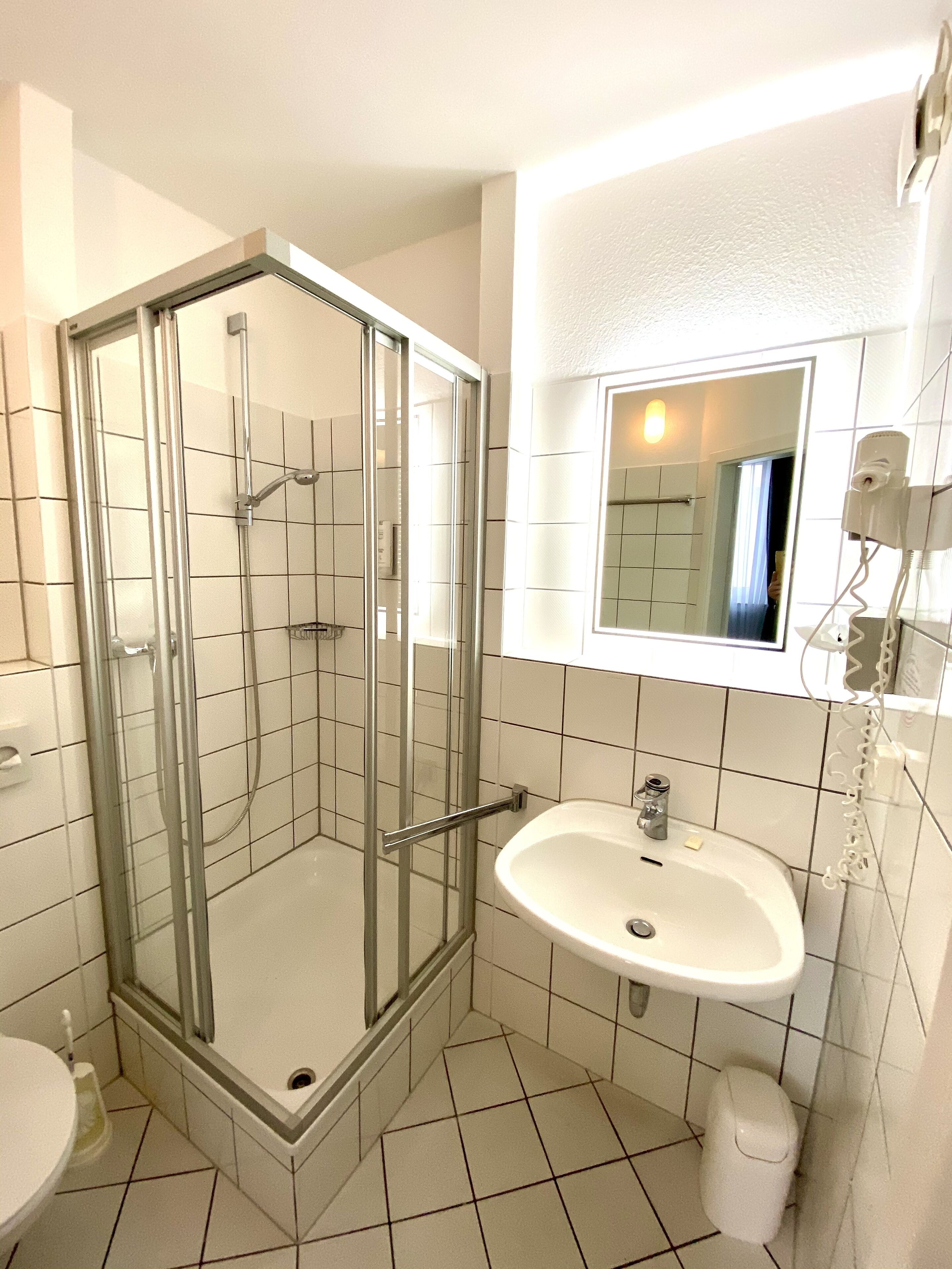 business single room | bathroom | shower, eco-friendly toiletries, hair dryer, slippers