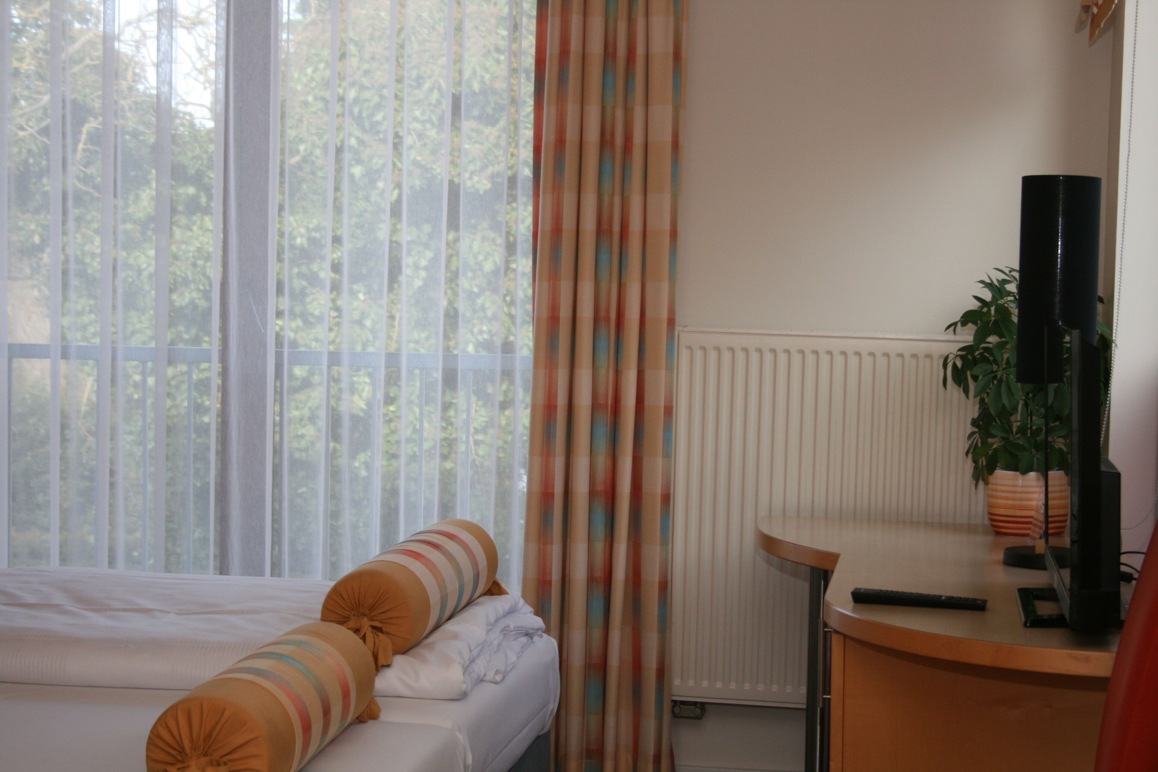 Un dormitorio con cama, una mesita de noche con una planta, un radiador y una ventana con cortinas.