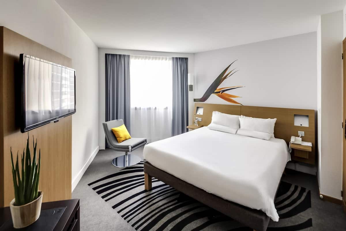 Habitación de hotel con cama, una silla, televisión, planta y un gran ventanal con cortinas.