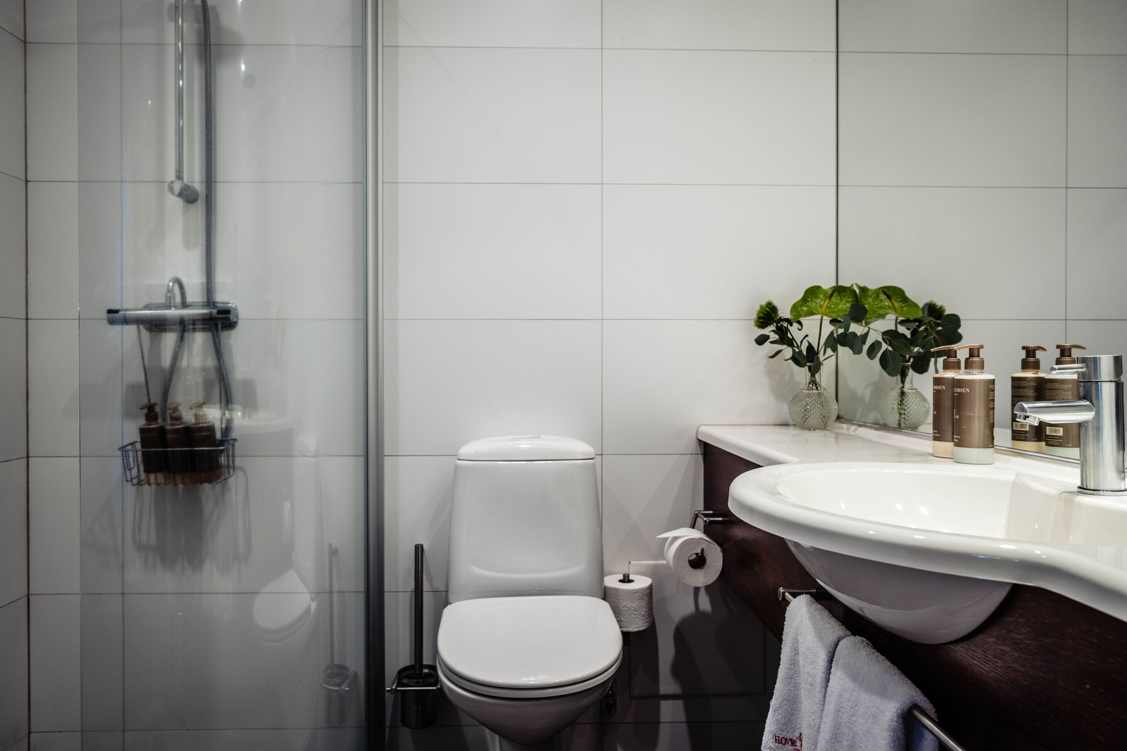 Een moderne badkamer met een douchecabine van glas, een wit toilet, een ruime wastafel en toiletartikelen op het aanrecht.
