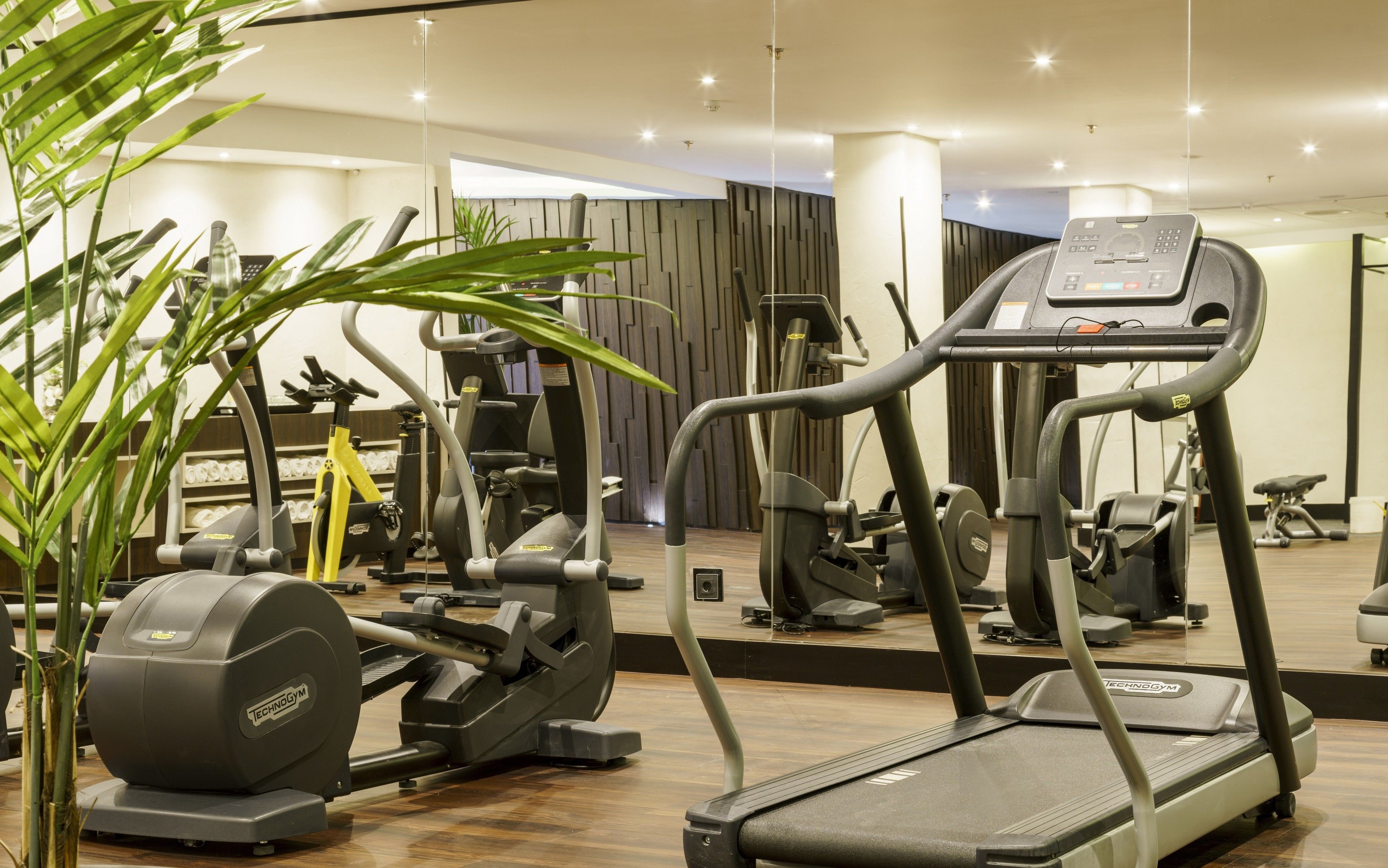 A gym with various exercise machines, including treadmills and weight machines, and a mirror reflecting the equipment.
