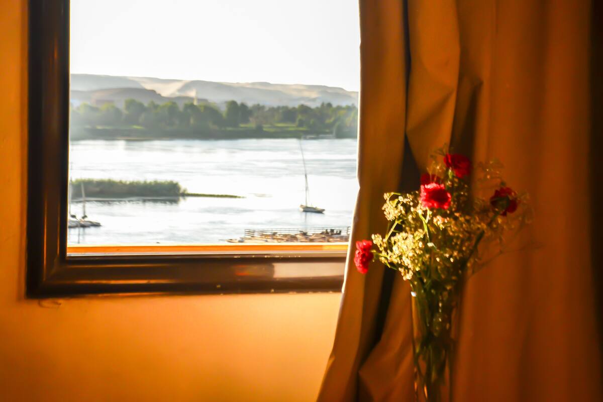 A window with a view of a river and boats, a vase with red flowers, and a curtain.