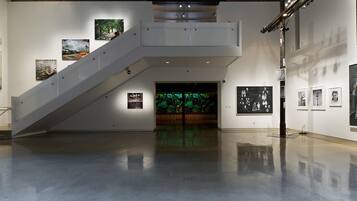 A spacious gallery with a central staircase, artwork on the walls, and a reflective floor.