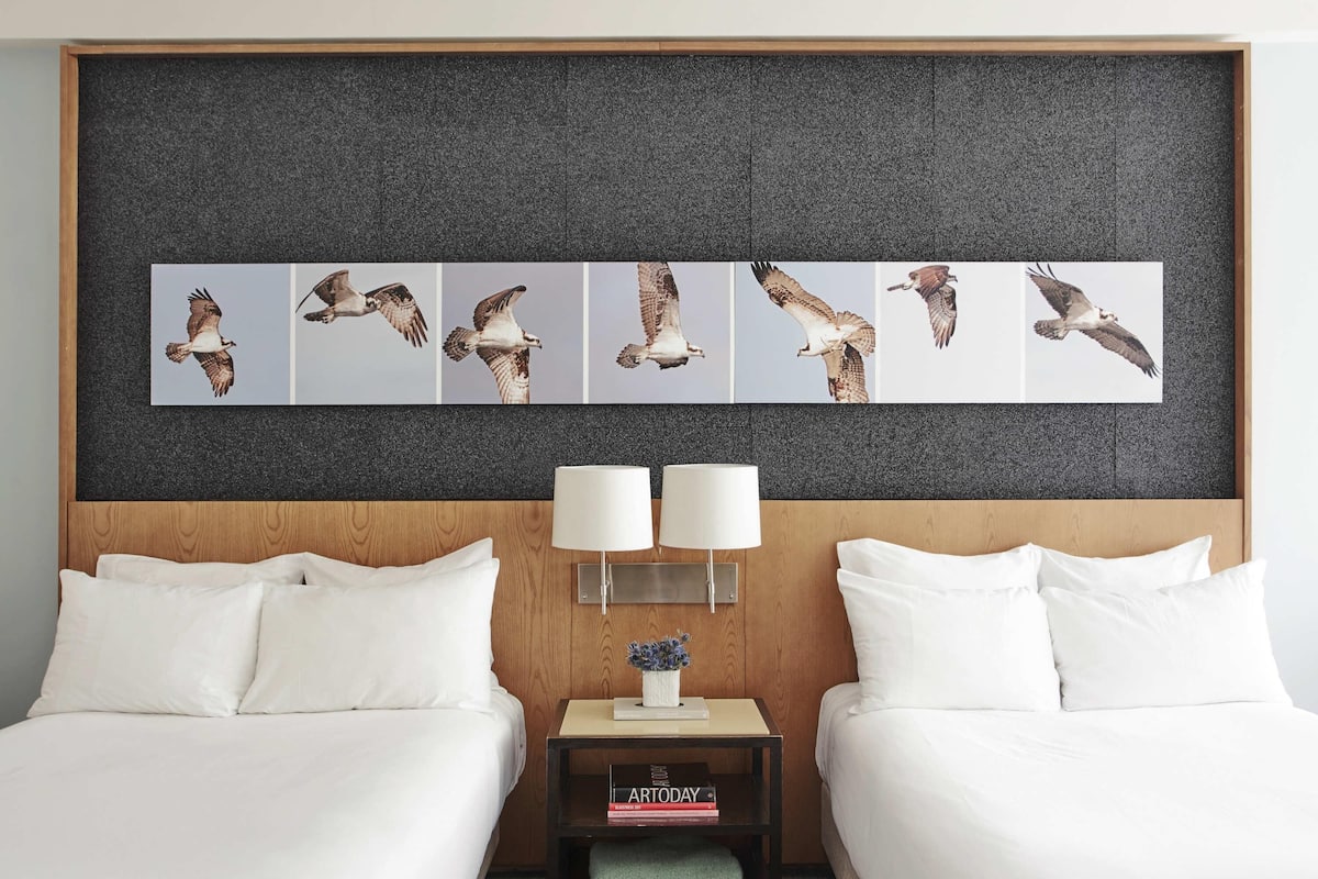 A hotel room with two beds, a headboard with a framed artwork of birds, a bedside table with a lamp, and a small bookshelf.