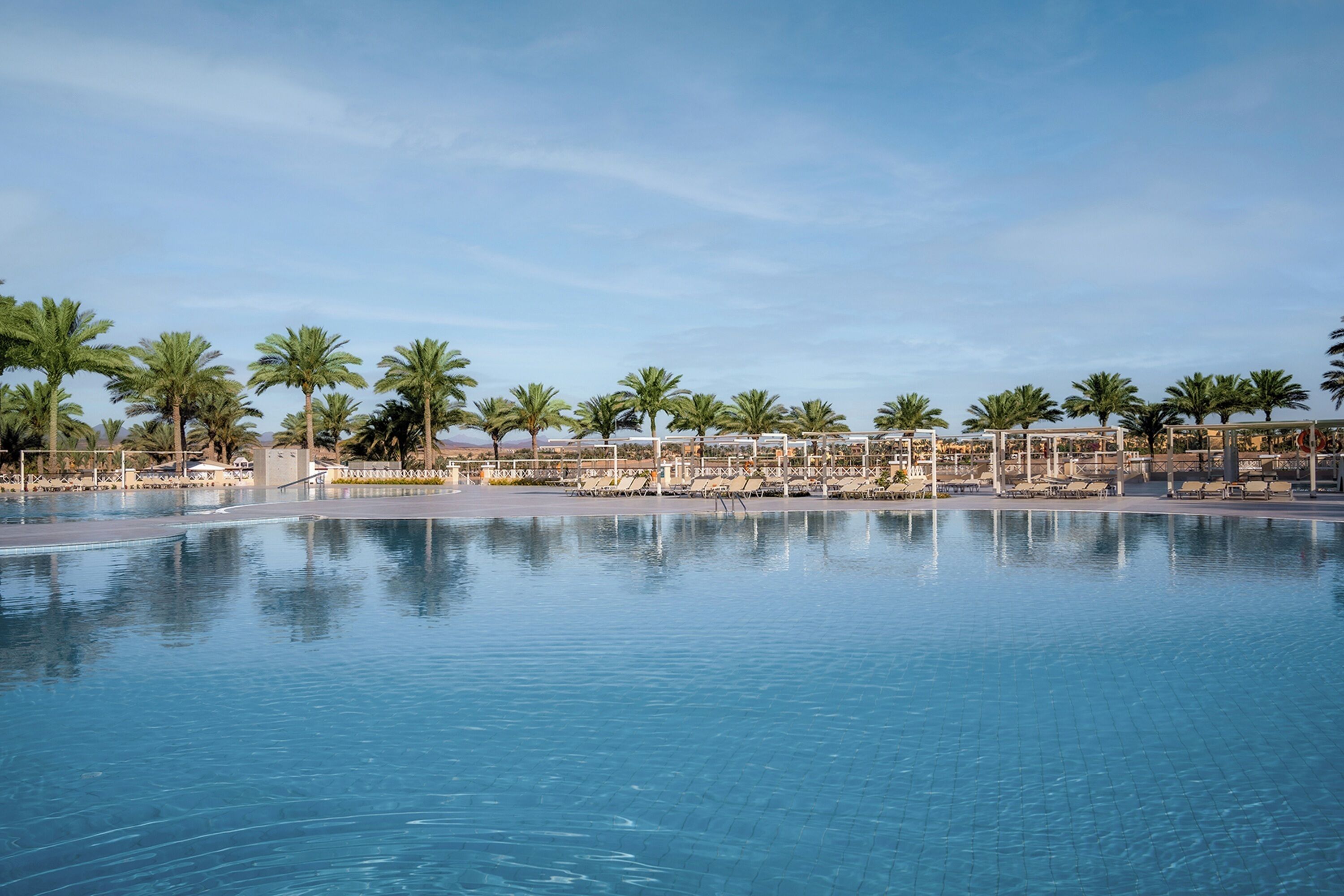 Une grande piscine, avec des chaises longues et des palmiers en arrière-plan.