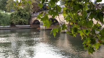 A stone bridge over a calm body of water, surrounded by lush greenery.