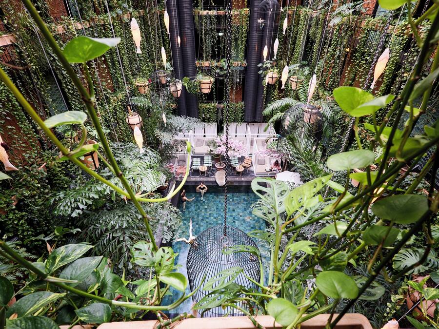 Un exuberante jardín interior con piscina central, rodeado de follaje denso y macetas colgantes.