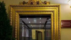 Een lift met een gouden omlijsting, een potplant aan de linkerzijde en een plaquette aan de muur.