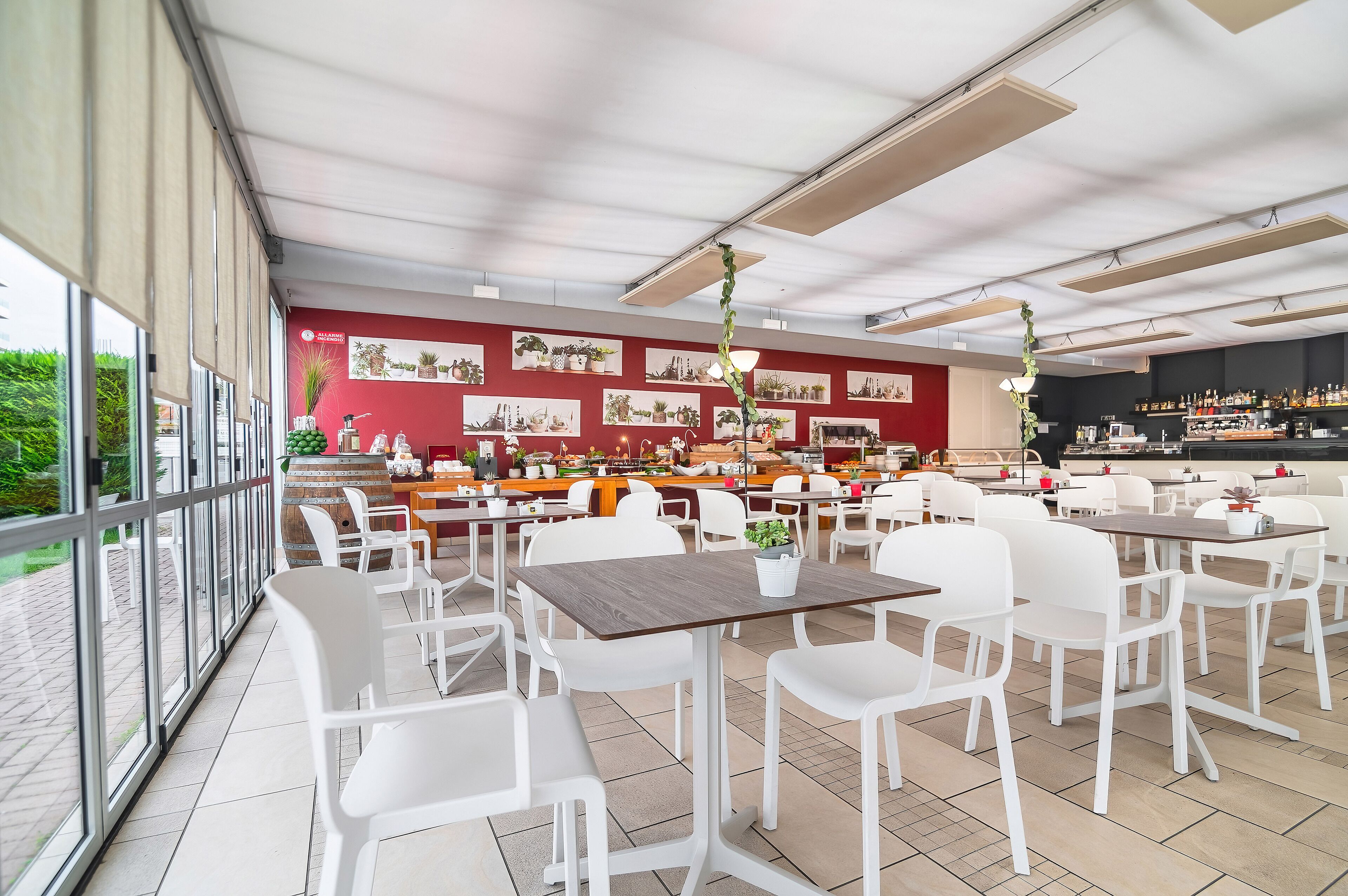 A restaurant with white chairs and tables, a red wall with plant pictures, and a bar area.