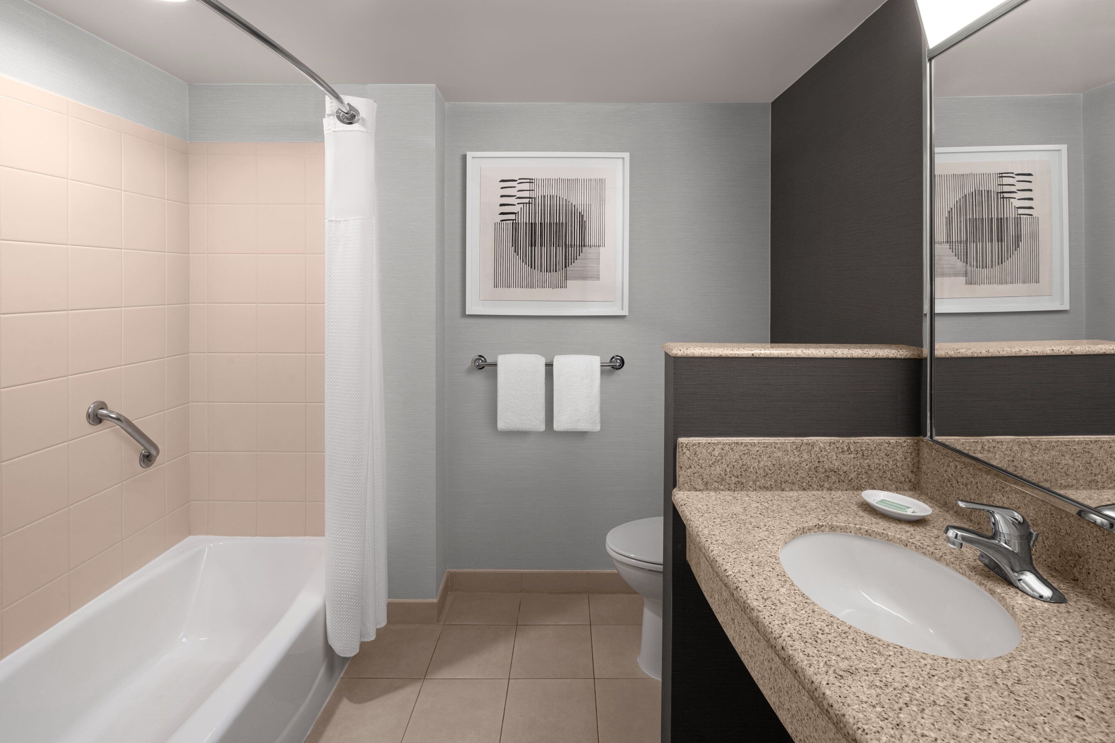 combined shower/bathtub, free toiletries, hair dryer, towels