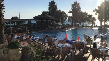 Seasonal outdoor pool, open 11 AM to 7:30 PM, pool umbrellas