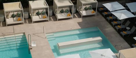 Outdoor pool, pool umbrellas, pool loungers