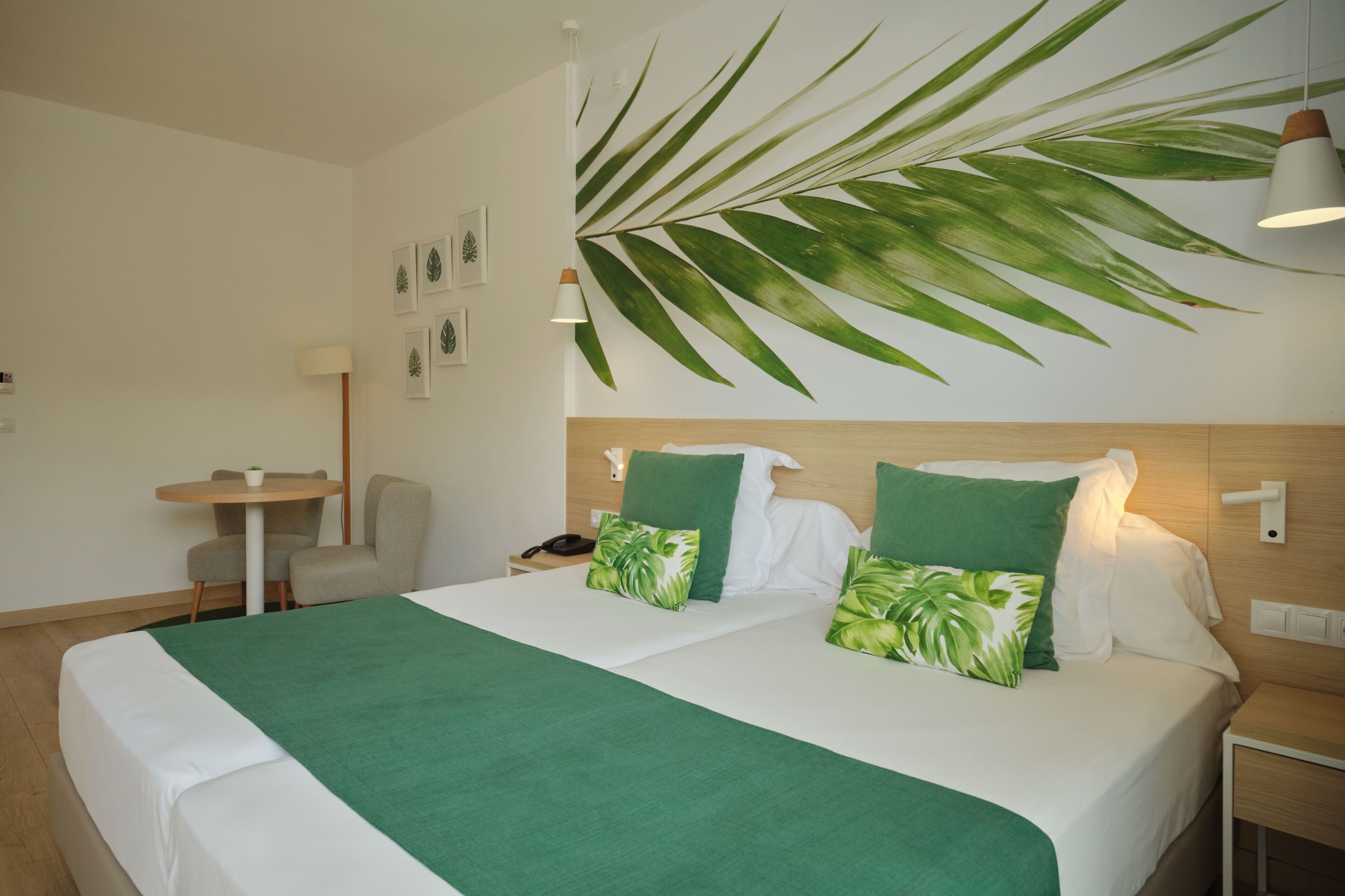 Une chambre d’hôtel avec un grand lit, deux oreillers, un bureau, une chaise et une plante fixée au mur.