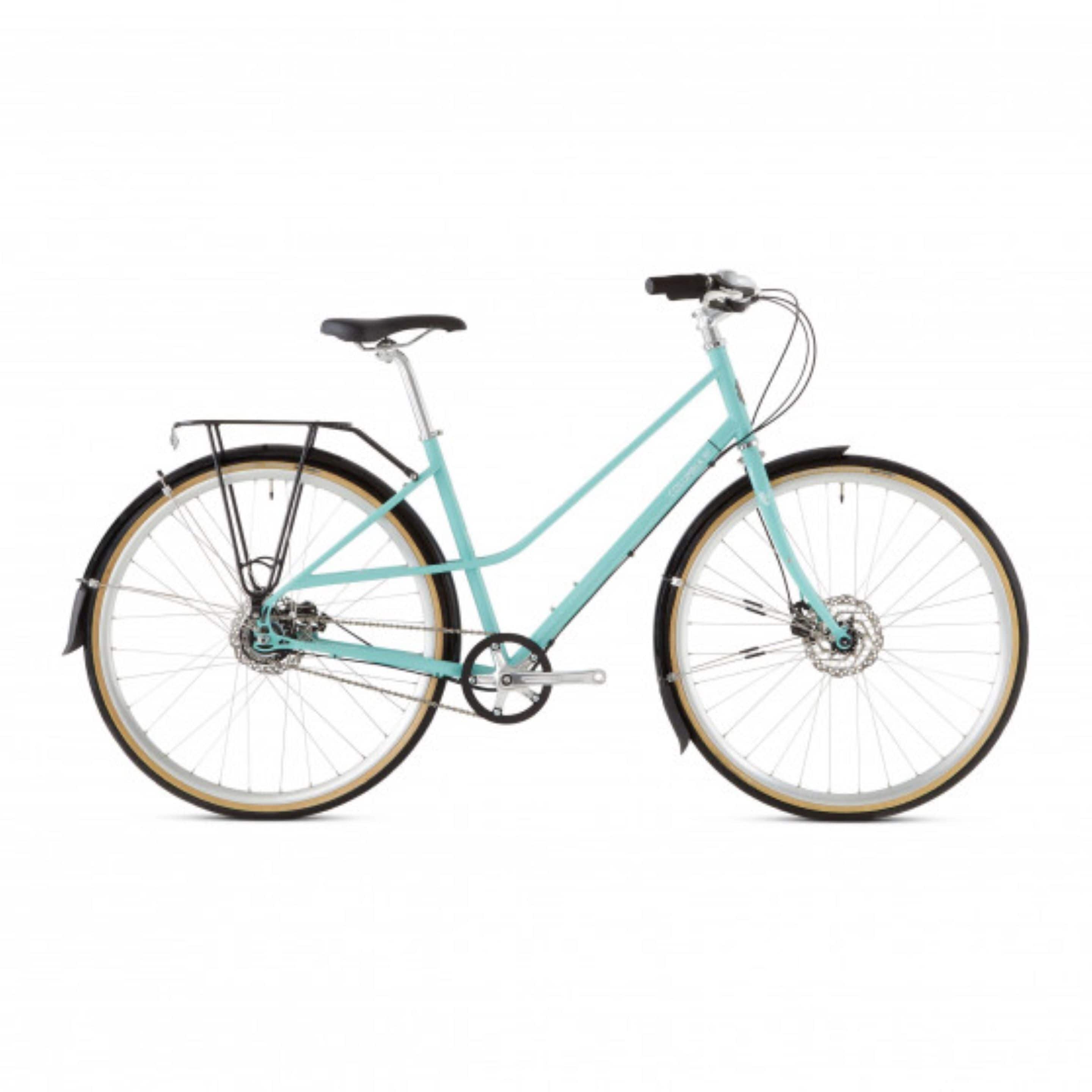 Ein türkisfarbenes Fahrrad mit Vorder- und Hinterrad, Sattel, Lenker und Kette.