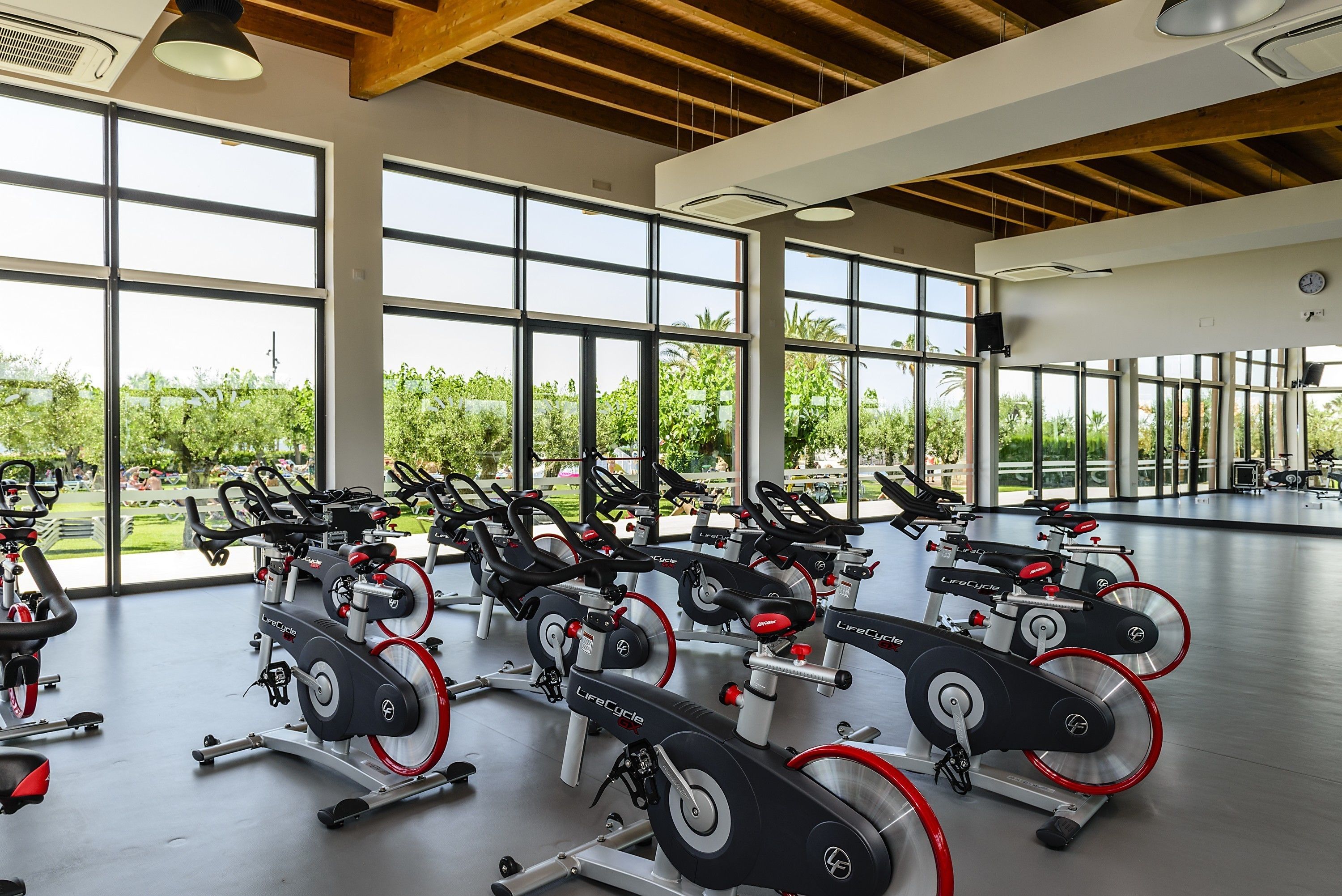 Een sportschool met vastgezet fietsen, grote ramen en uitzicht op groen buiten.