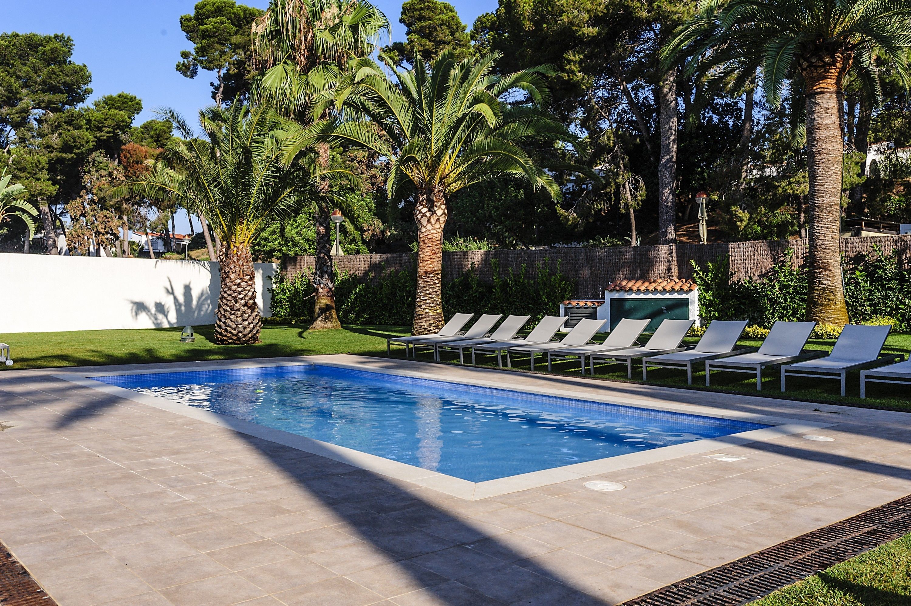 A swimming pool with lounge chairs and palm trees.