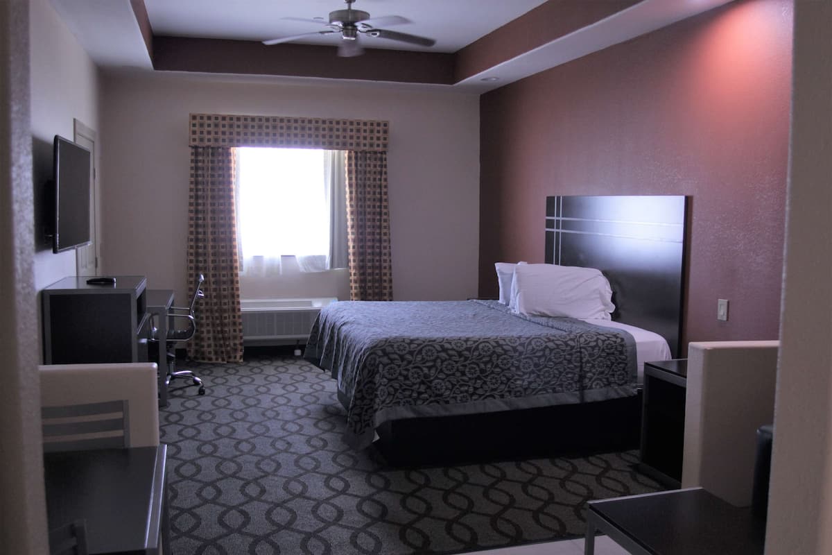 Une chambre d’hôtel avec un lit, un bureau, une chaise, une télévision et une fenêtre avec des rideaux.
