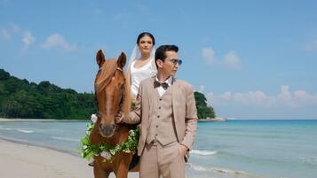 A beach with a horse and a person in a suit.