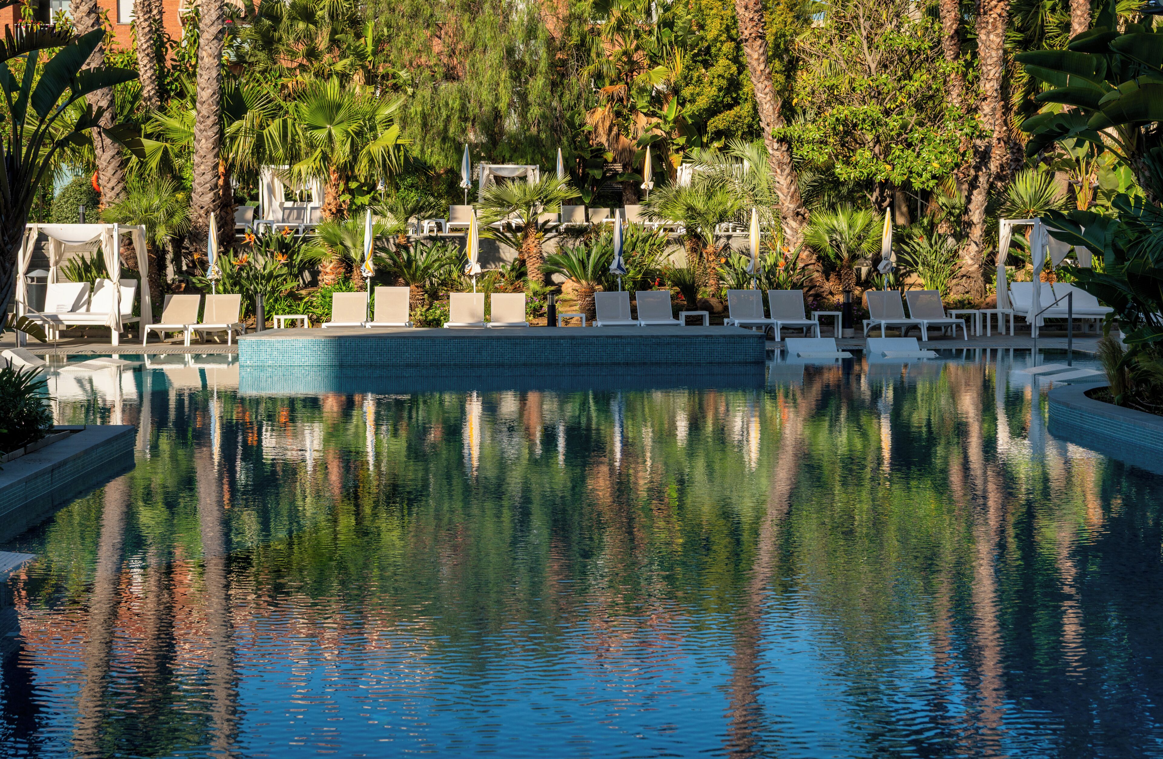 A swimming pool with lounge chairs and umbrellas, surrounded by palm trees and greenery.