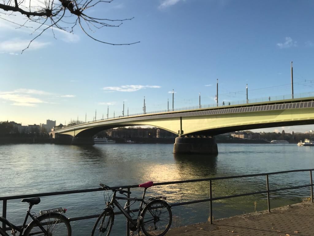 Eine Brücke über einem Fluss, neben ihr ein Fahrrad abgestellt.