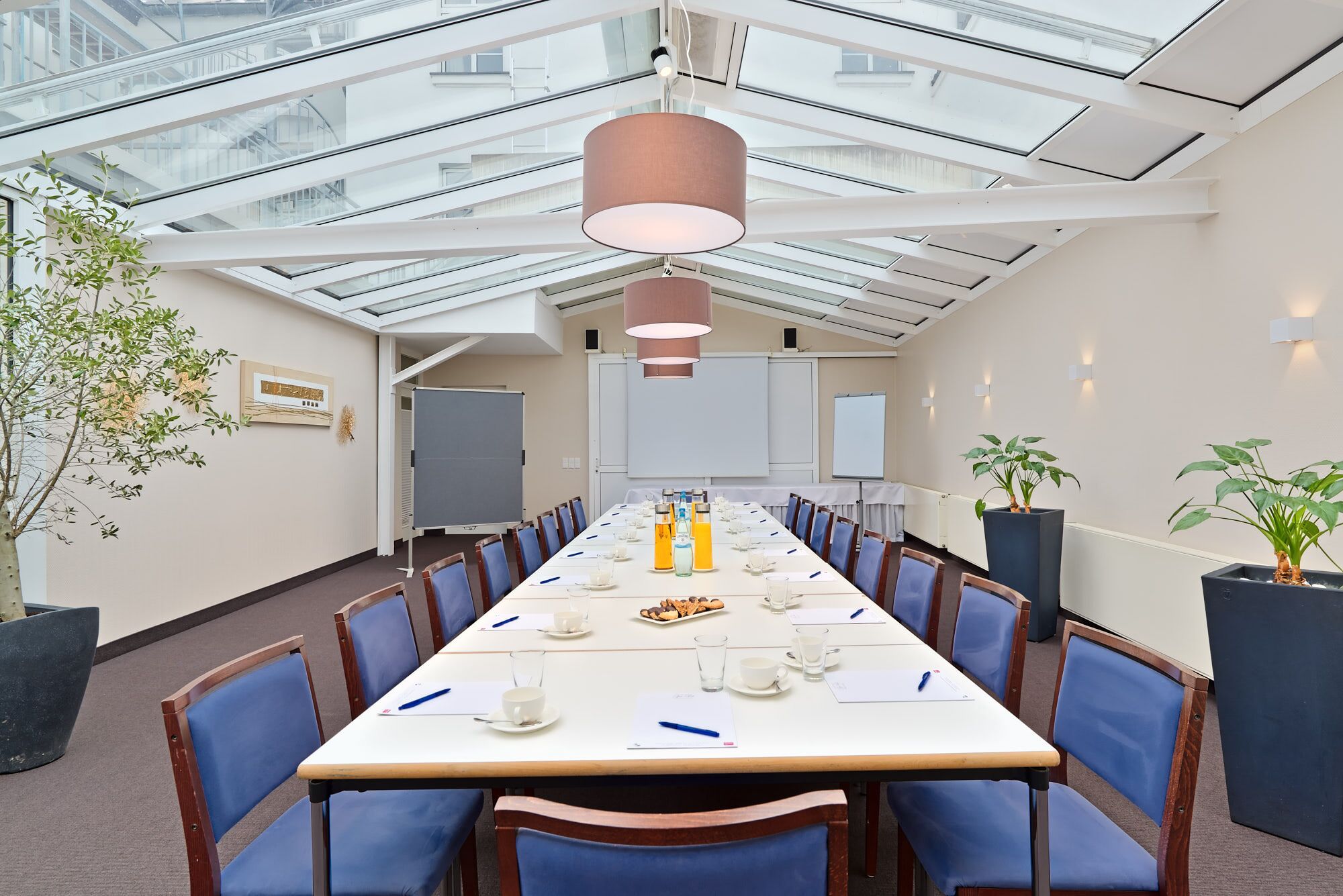 Ein Konferenzraum mit langem Tisch, blauen Stühlen, einer großen Pflanze und einer Glasdecke.