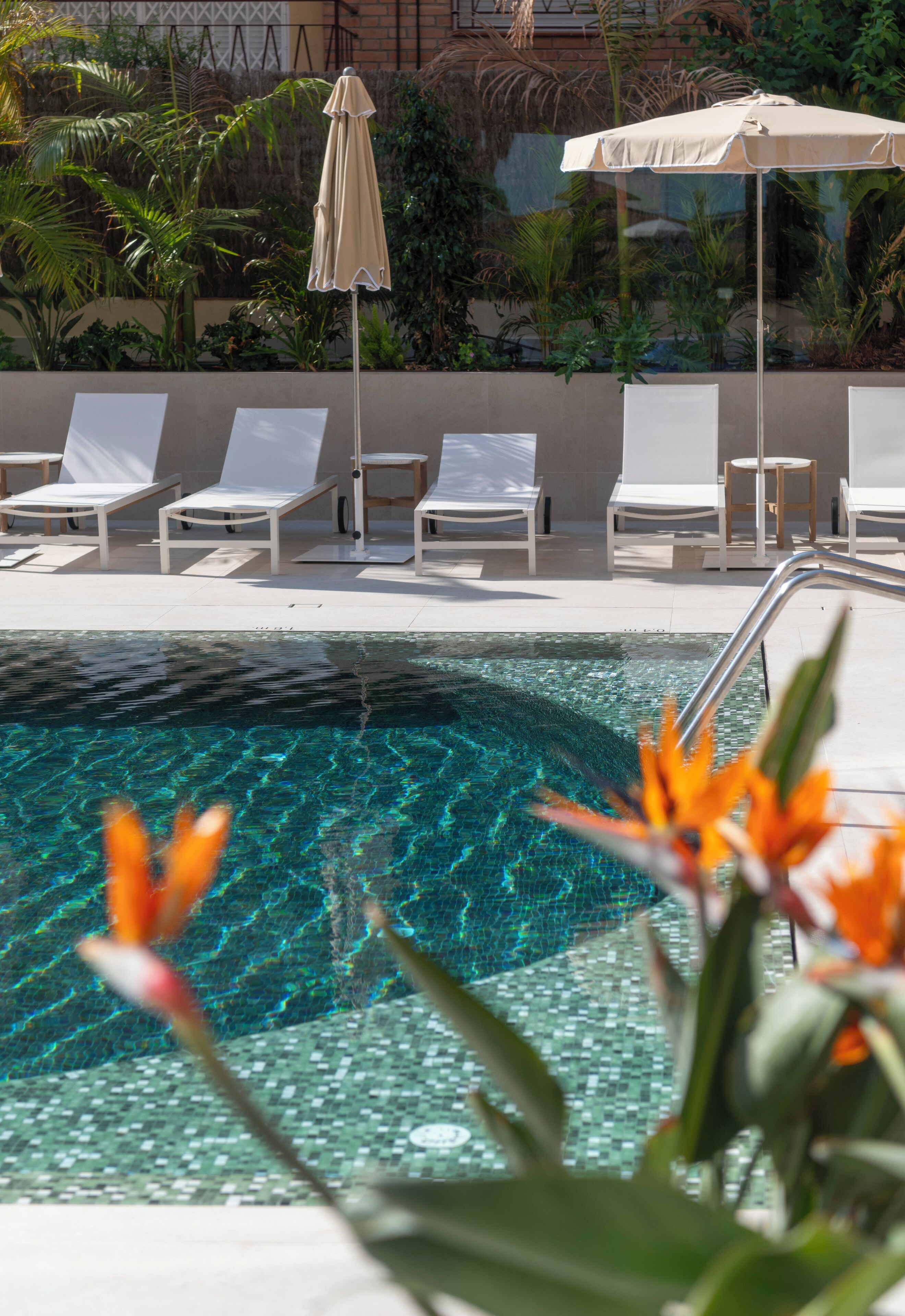 outdoor pool, open 9:00 am to 8:00 pm, pool umbrellas, pool loungers