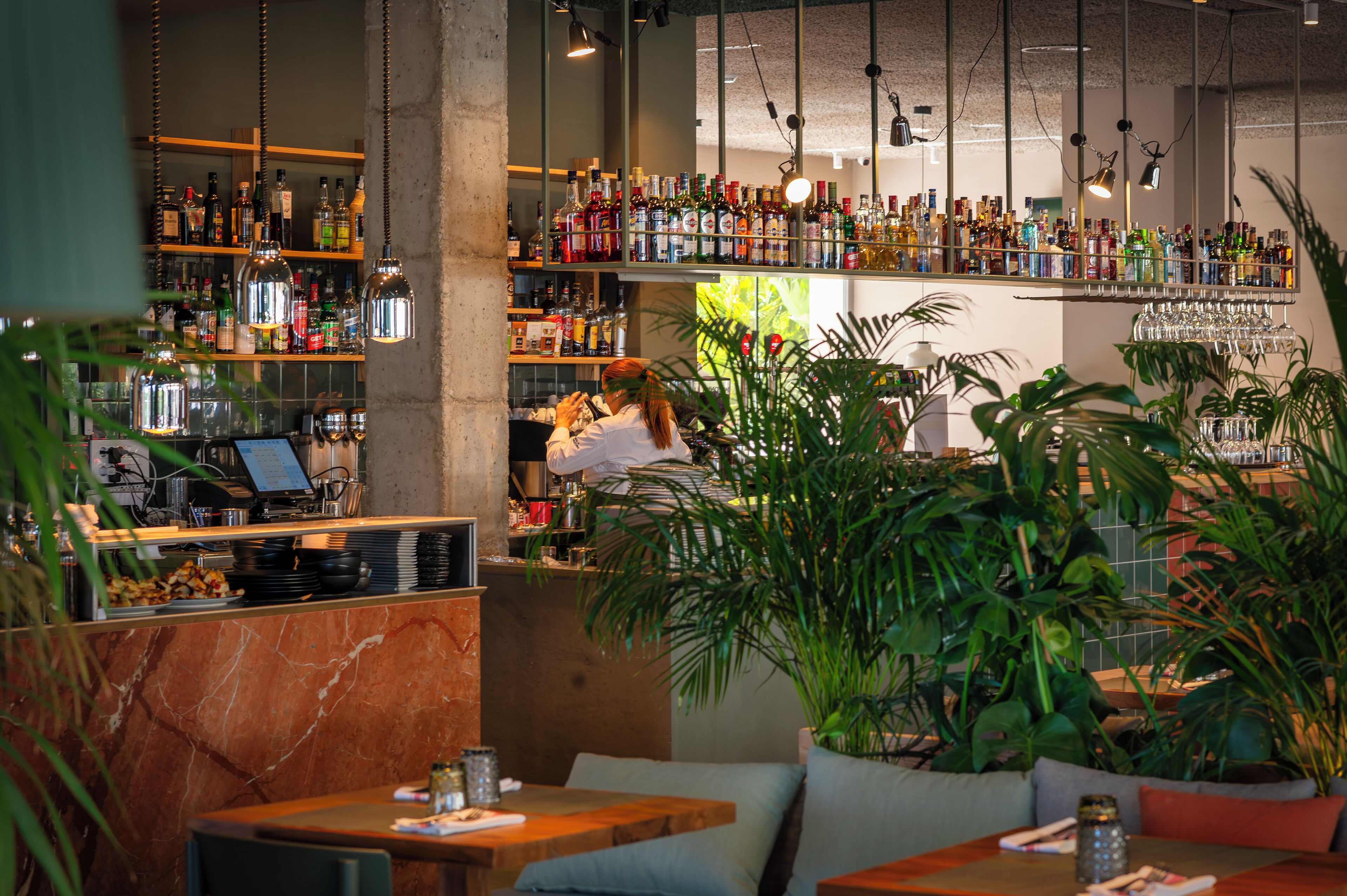 Een bar met flessenkasten vol drank, een bargedeelte en zitplaatsen met potplanten.