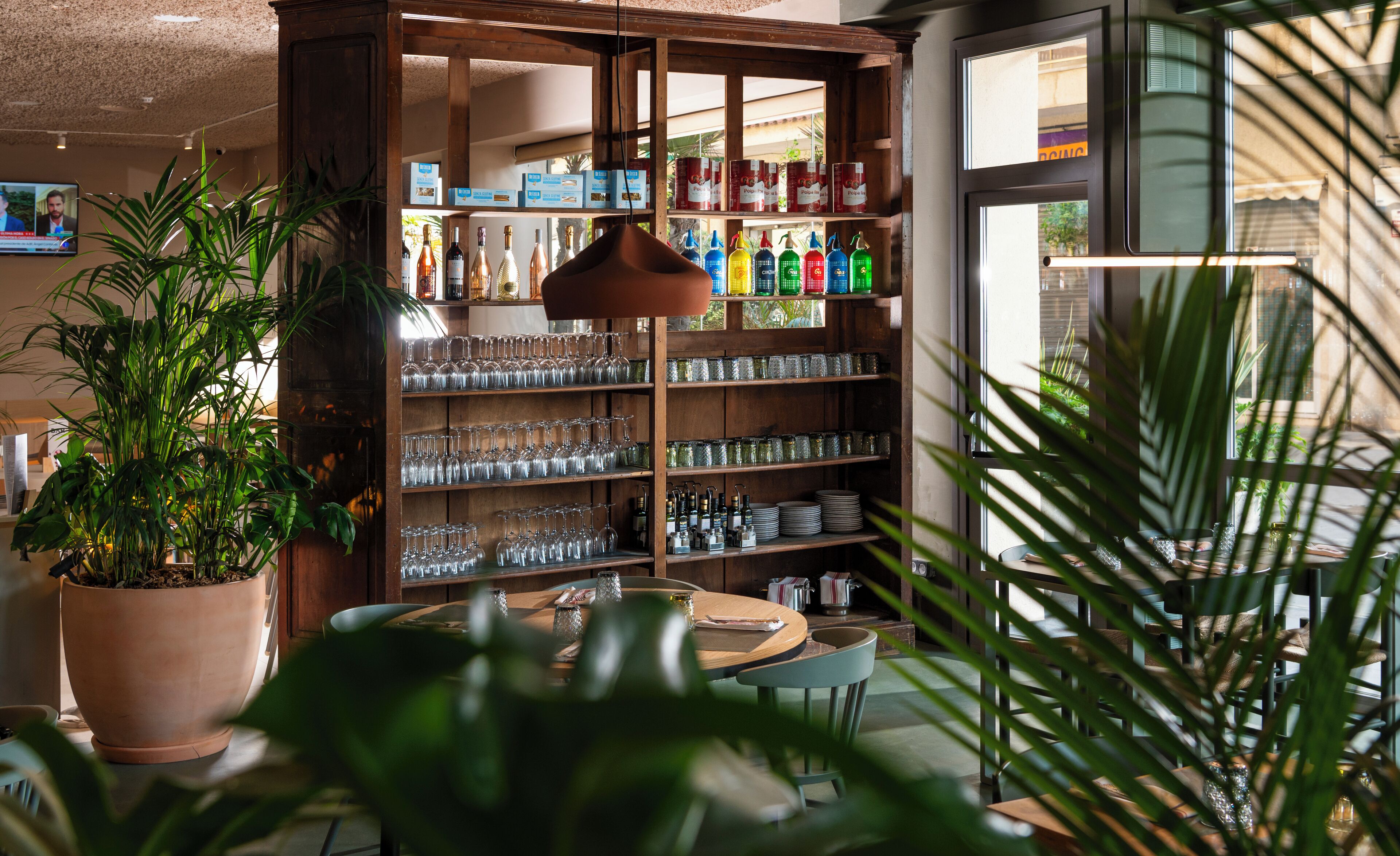 A well-lit interior with a wooden bookshelf filled with glassware and bottles, a round table with chairs, and potted plants.