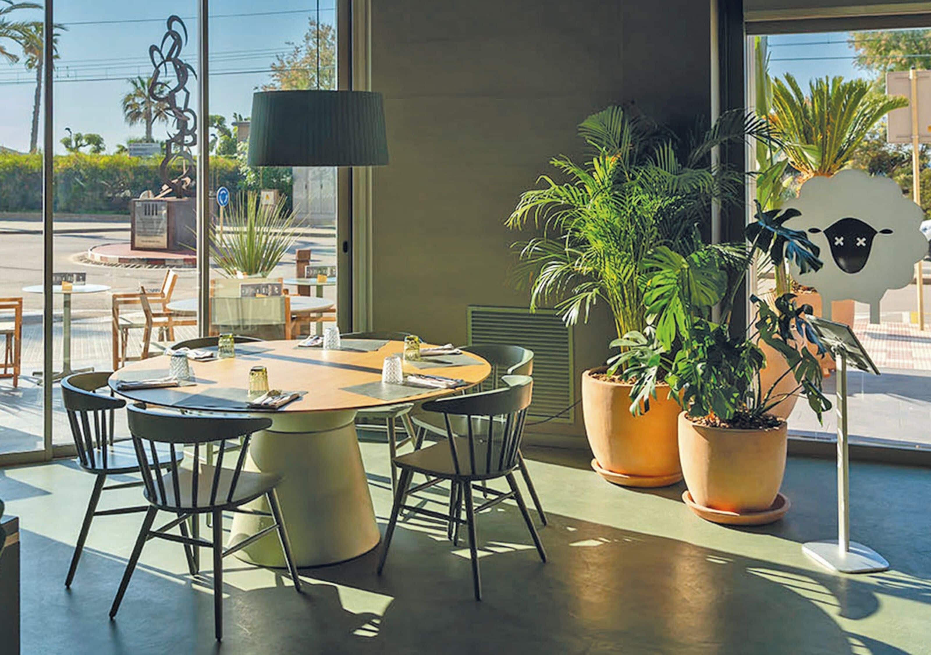 A modern dining area with a round table, chairs, and potted plants.