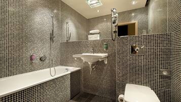 Shower, free toiletries, hair dryer, towels