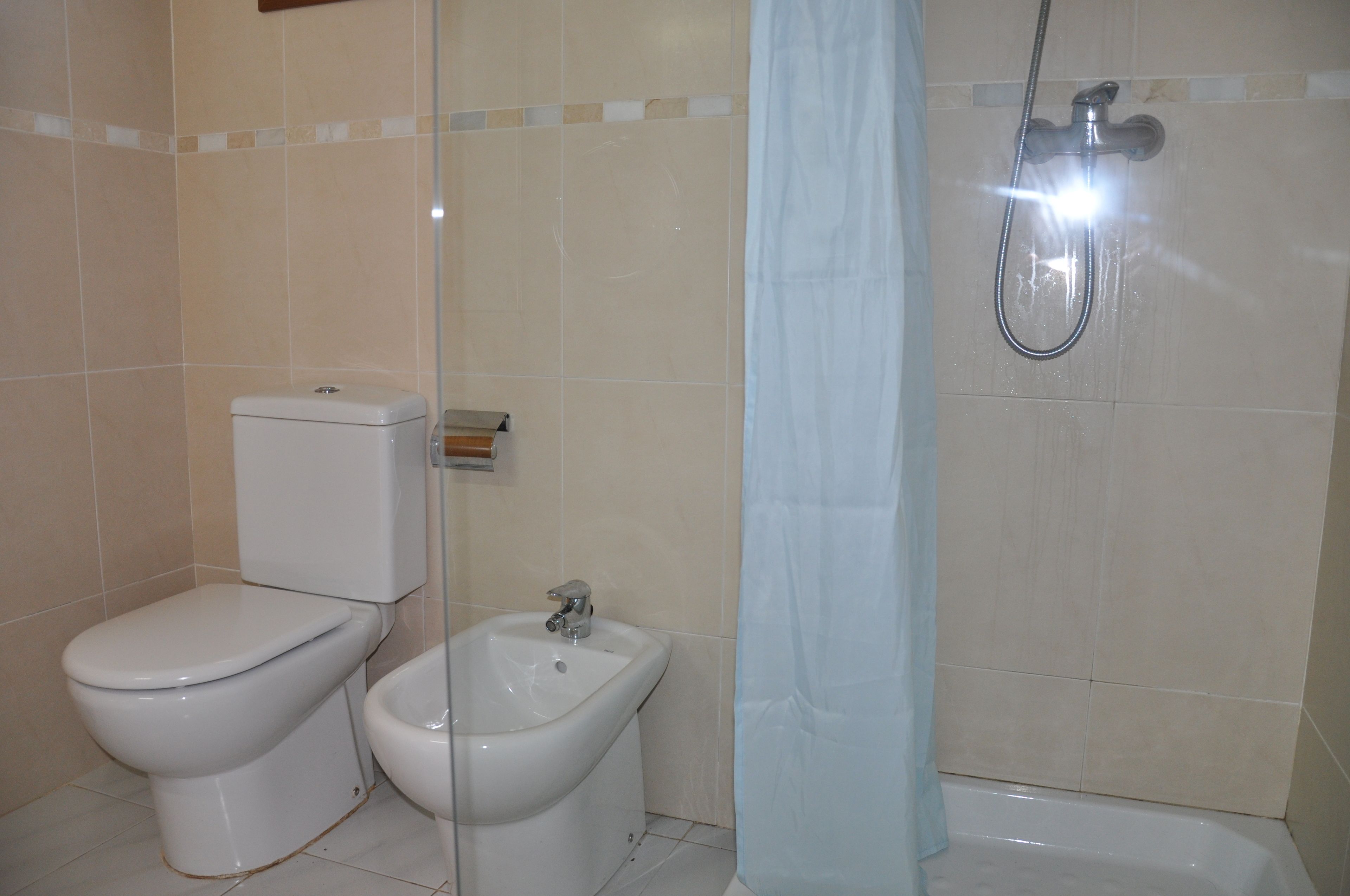 A bathroom with a toilet, bidet, and shower.