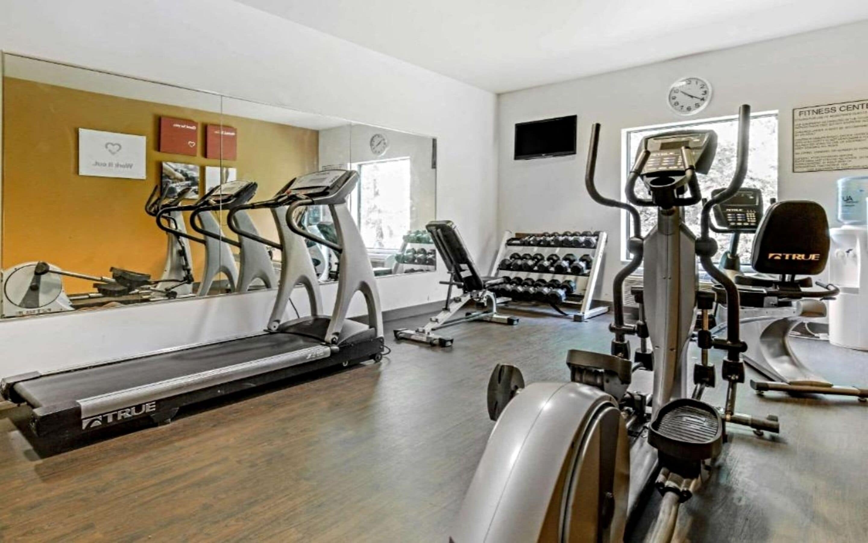 Un gimnasio con cintas de correr, máquinas de pesas y mancuernas.