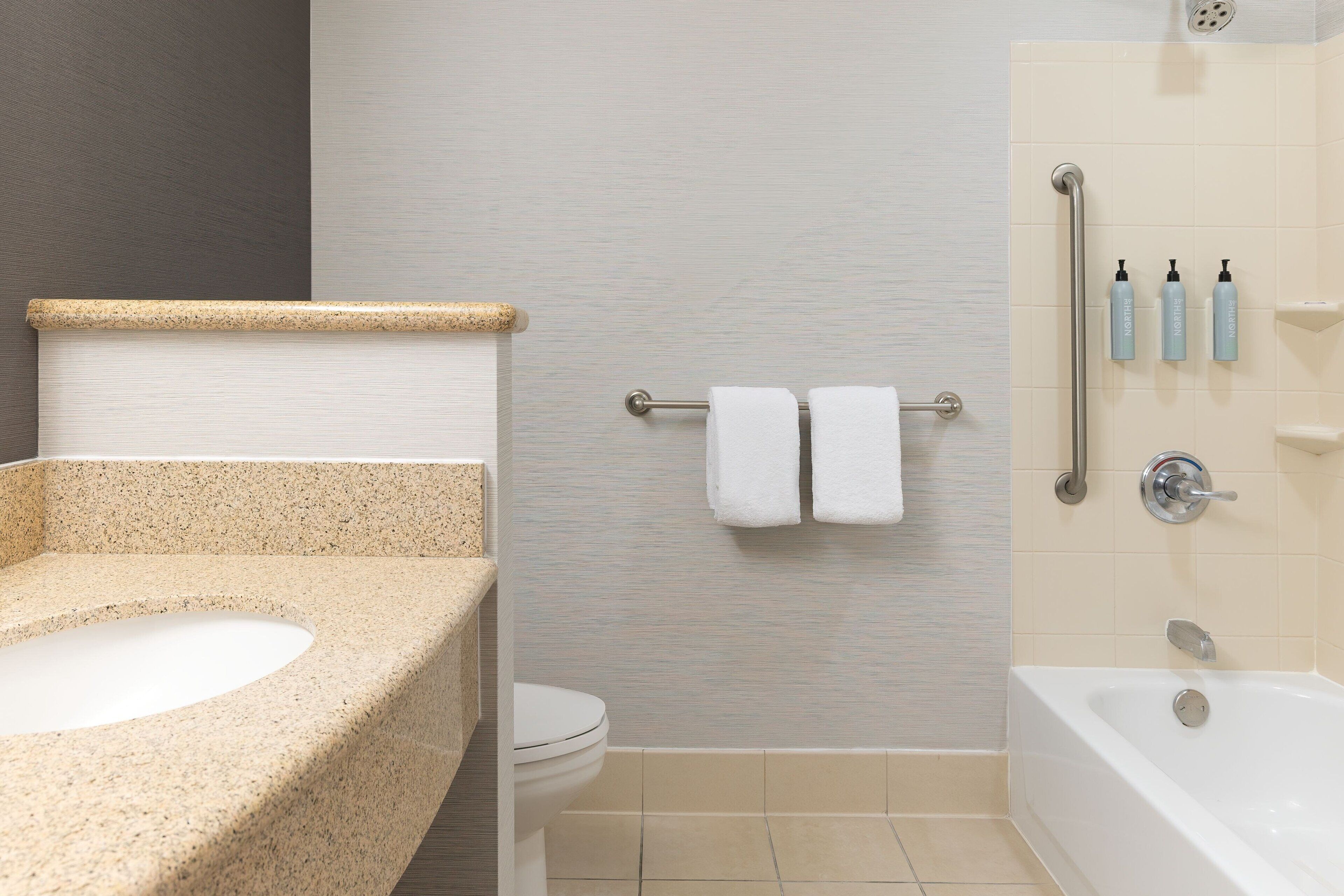 combined shower/bathtub, free toiletries, hair dryer, towels