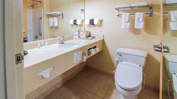 A bathroom with a sink, mirror, toilet, and towel rack.