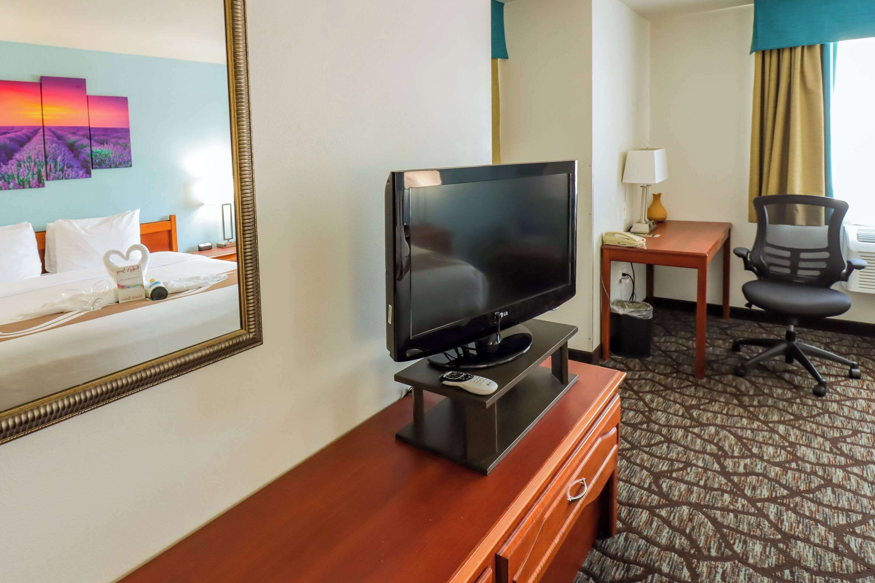 Habitación de hotel con cama, televisor sobre un mueble bajo, escritorio con lámpara y una silla.