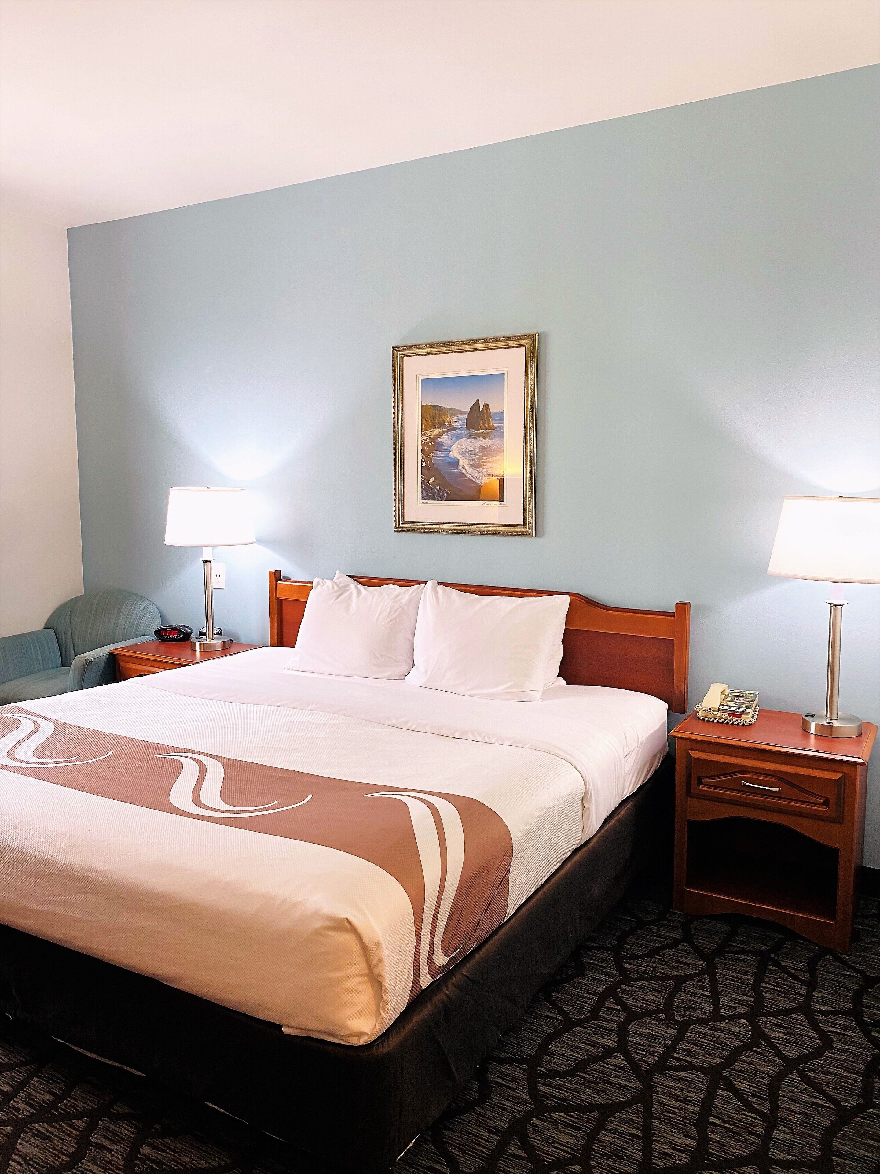 Hotelkamer met een bed, twee nachtkastjes, een lamp, een lijst met afbeelding aan de muur en een kamerbreed tapijt met patroon.