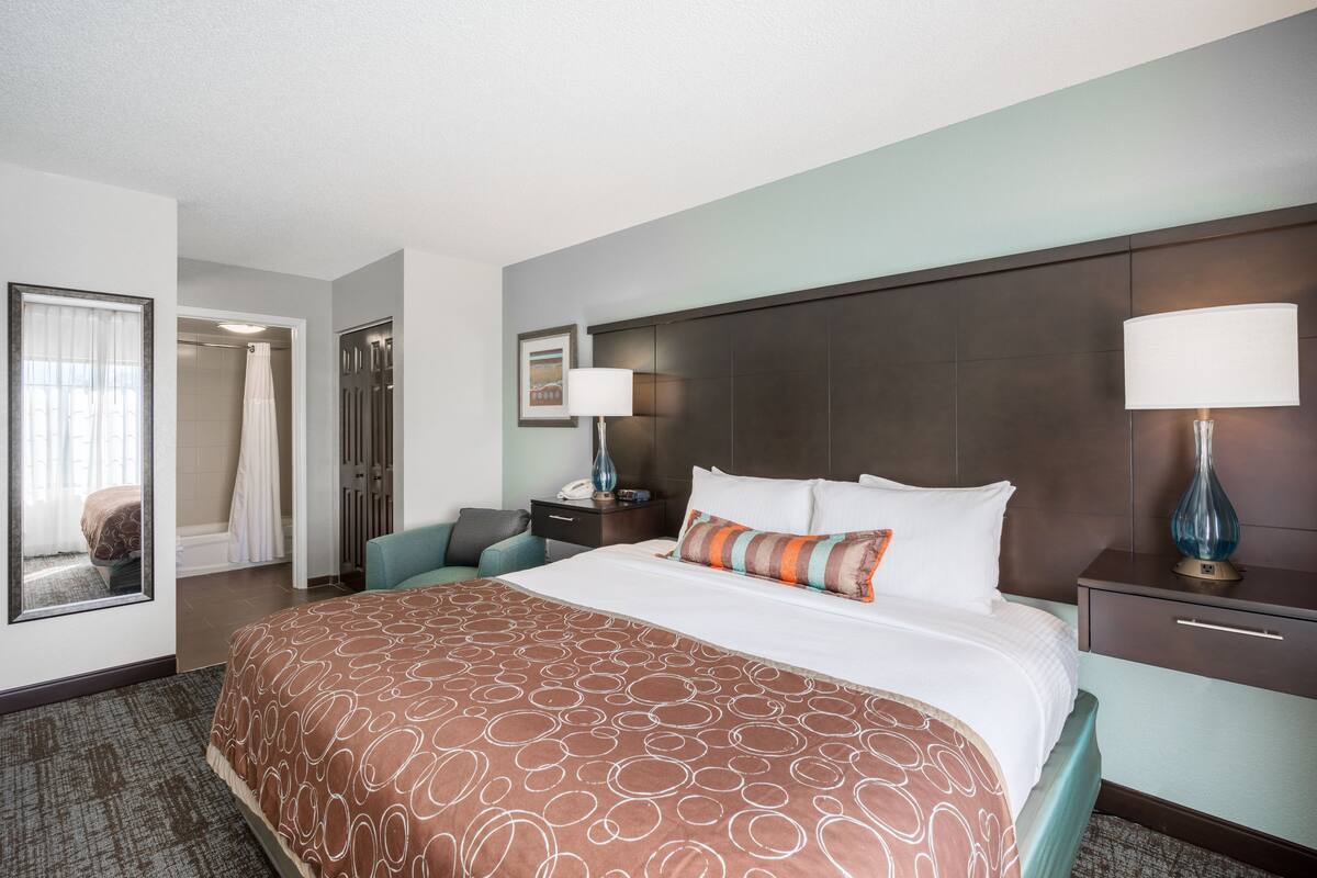 Une chambre d’hôtel avec un grand lit, une table de chevet, une lampe, une chaise, une salle de bain avec douche et un miroir.