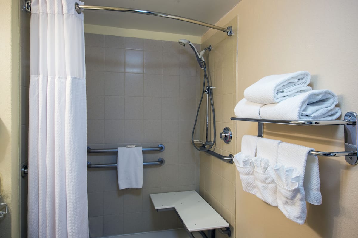 Une salle de bain avec une douche, un porte-serviettes avec des serviettes pliées et une barre d’appui.