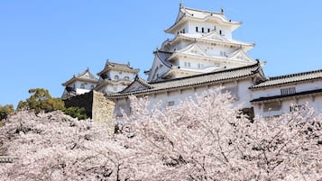 Un castillo japonés tradicional con varios niveles y paredes blancas, rodeado de cerezos en flor.