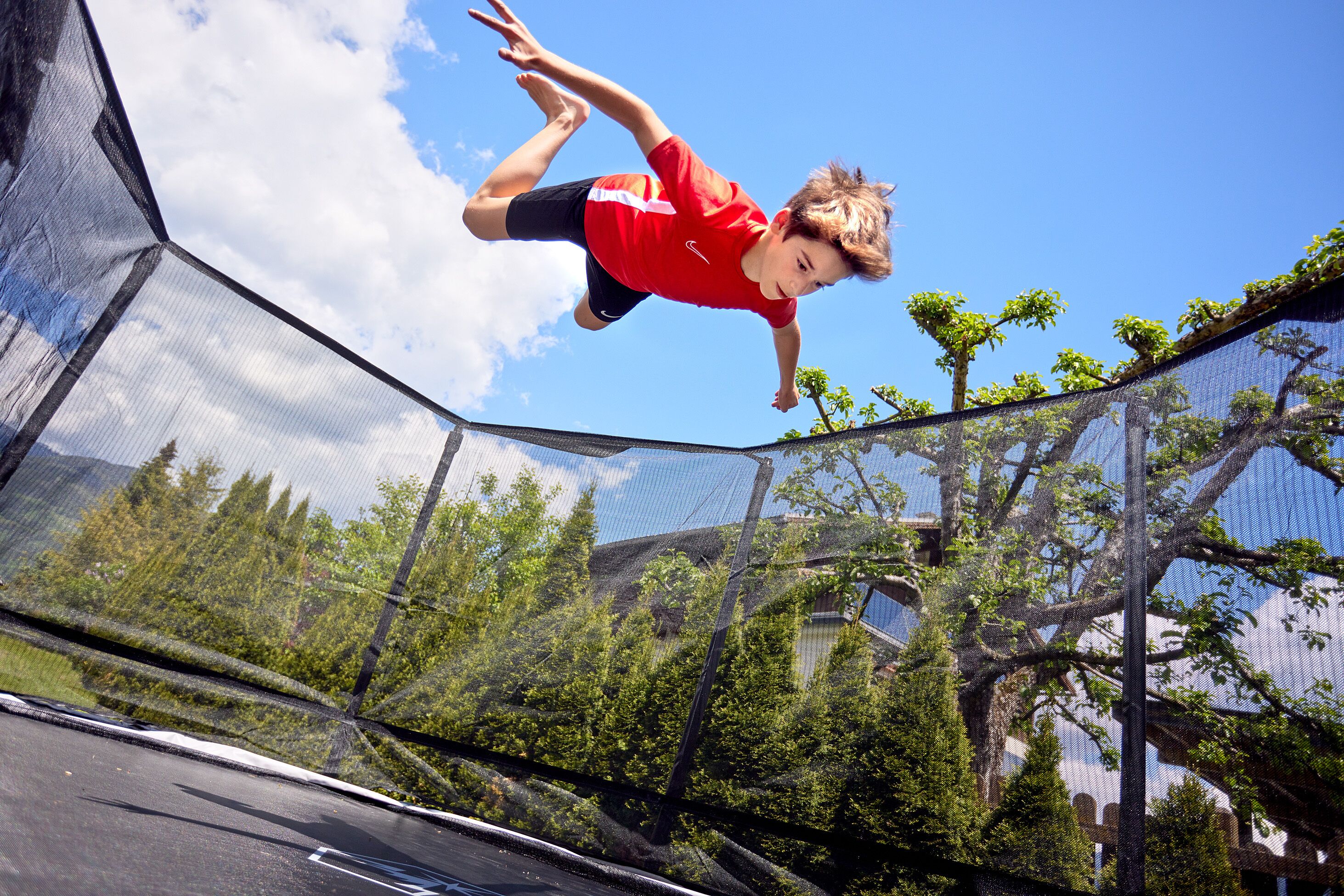 A trampoline with a netted enclosure, surrounded by trees and a clear sky.