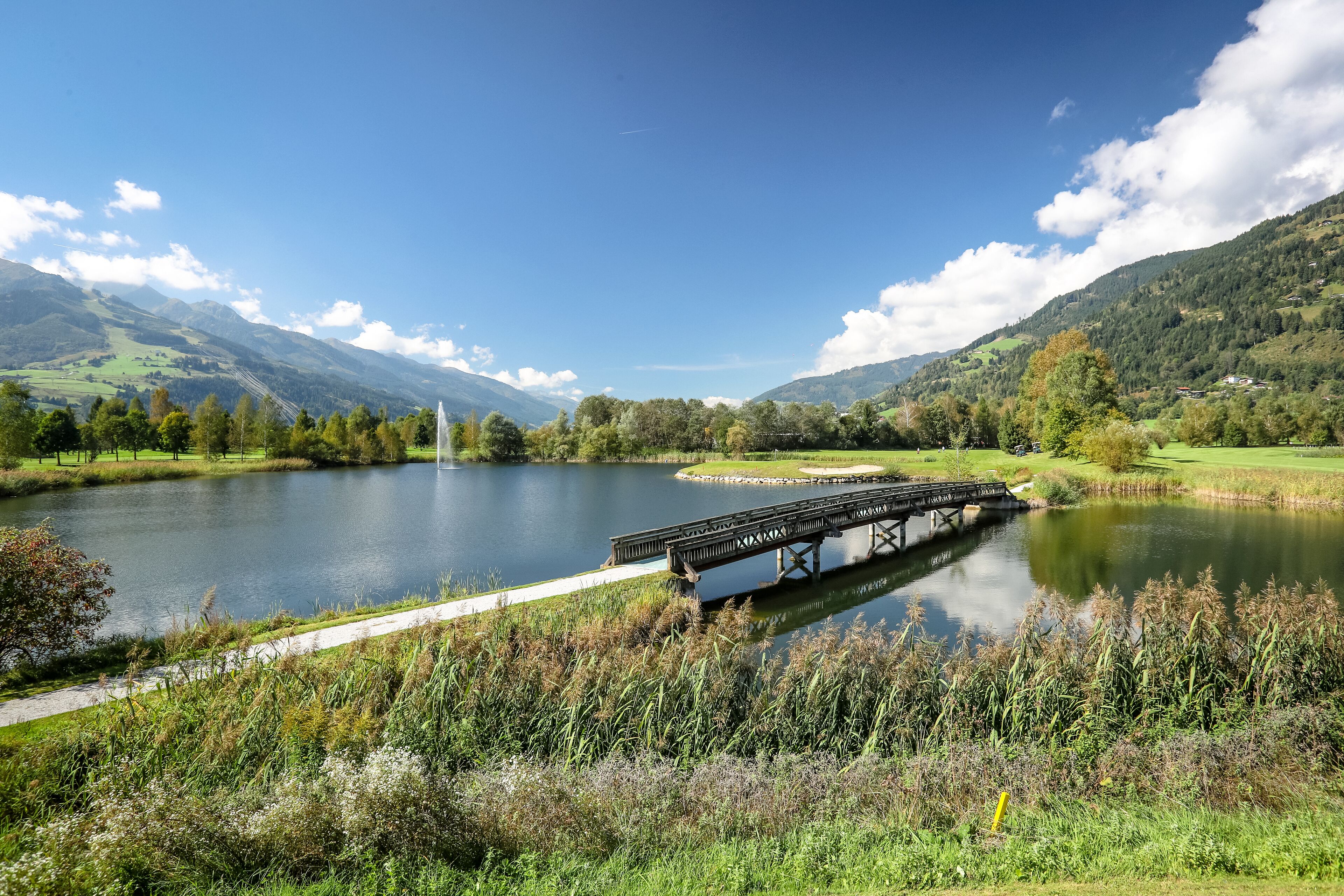 Un lago sereno con un puente de madera, rodeado de exuberante vegetación y montañas al fondo.