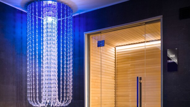 Un interior moderno con una puerta de cristal que da a una zona de sauna, una lámpara decorativa y una pequeña planta verde.