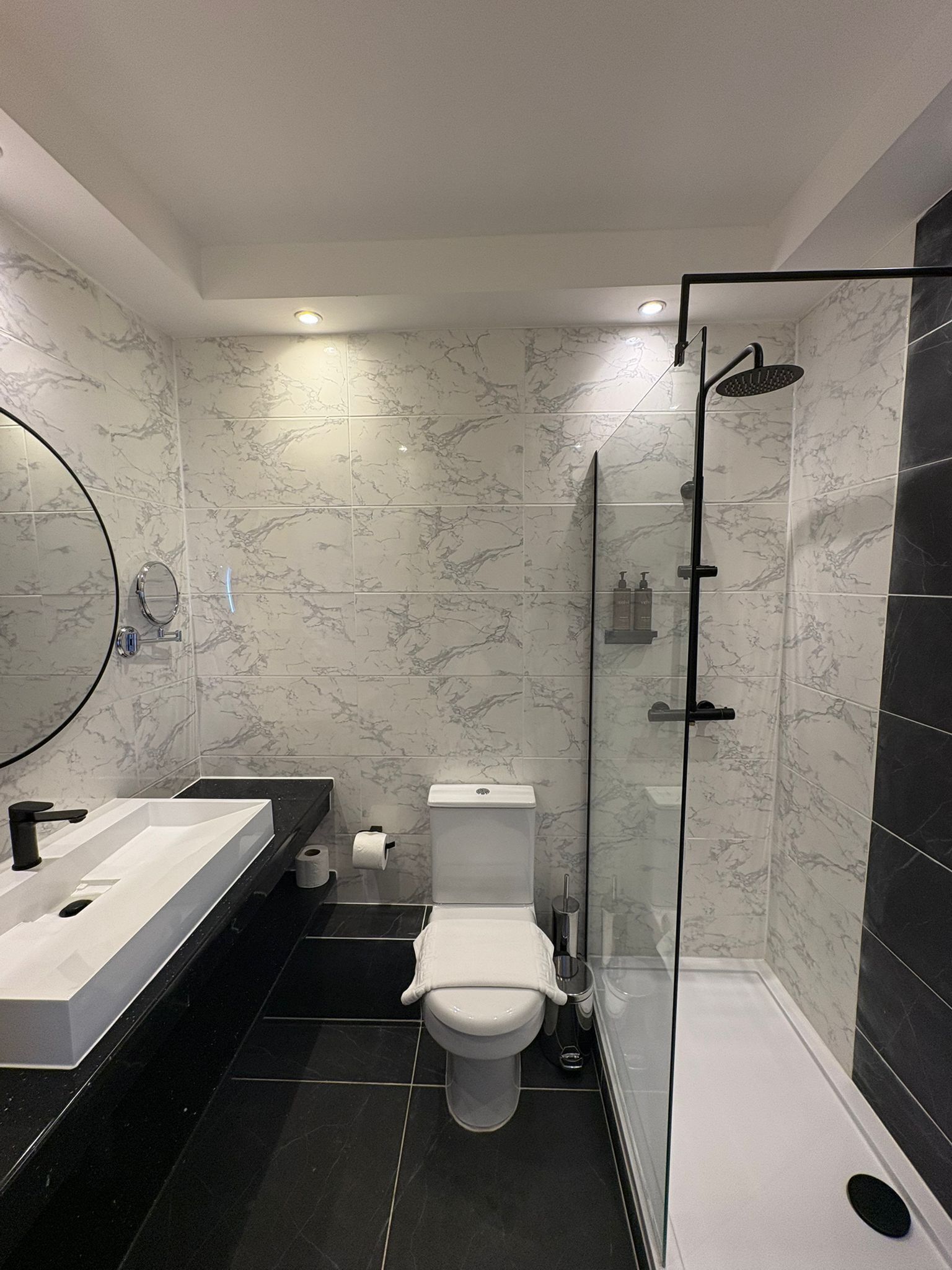 A modern bathroom with a glass-enclosed shower, a white toilet, and a dual sink vanity.