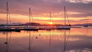 A marina with several sailboats docked at sunset.