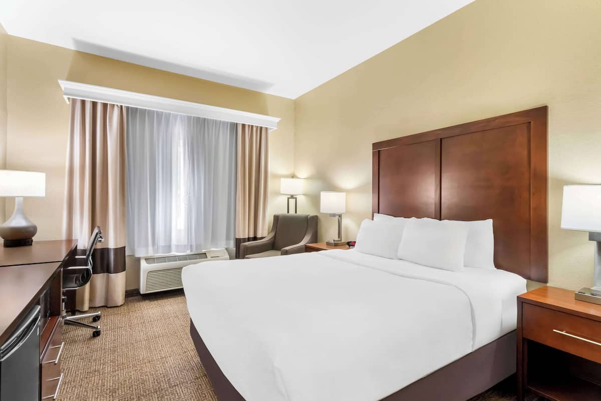 Une chambre d’hôtel avec un grand lit, un bureau avec une chaise, une lampe de bureau, une chaise, une fenêtre avec des rideaux et un radiateur fixé au mur.
