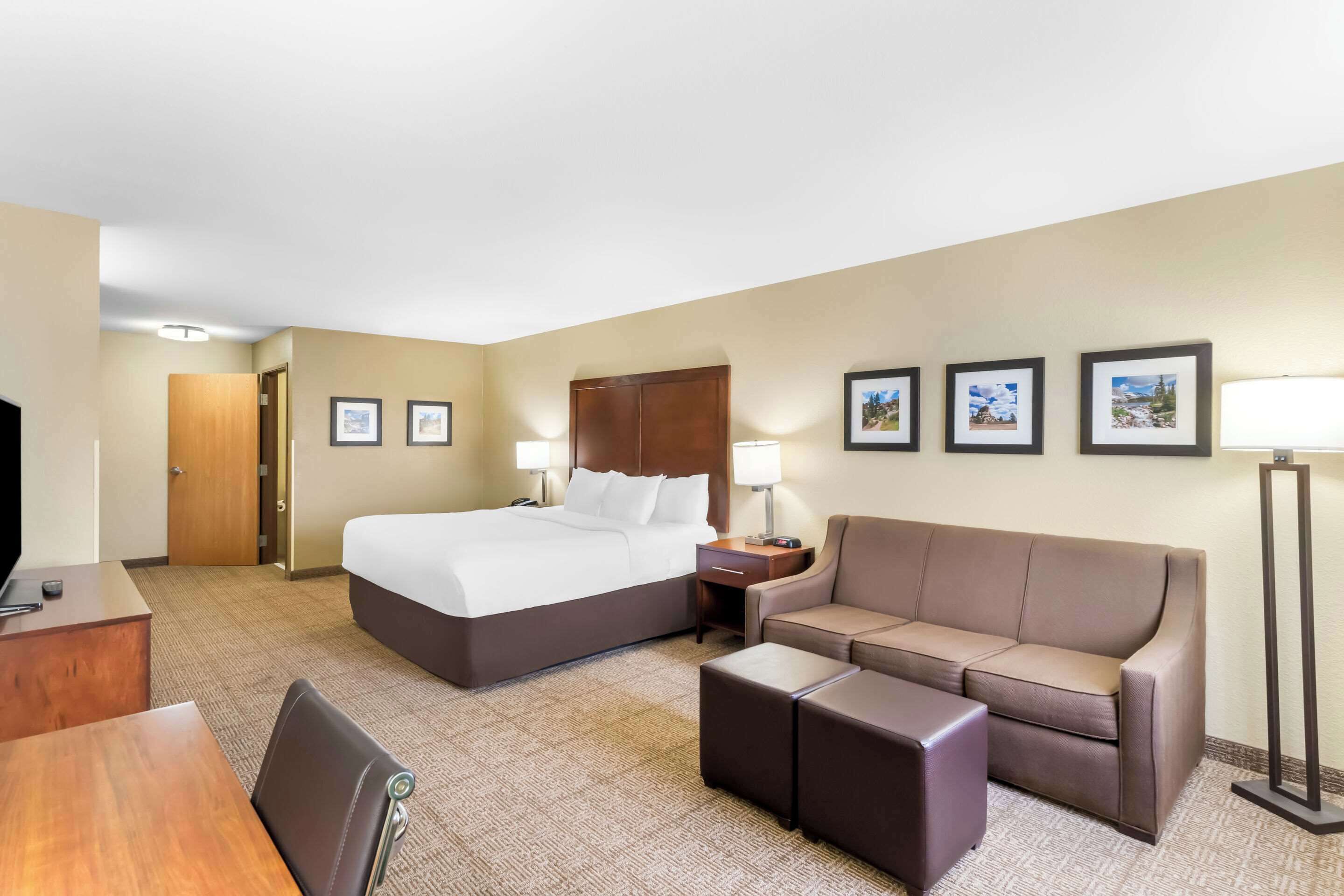 A hotel room with a bed, a sofa, a desk, and a TV.