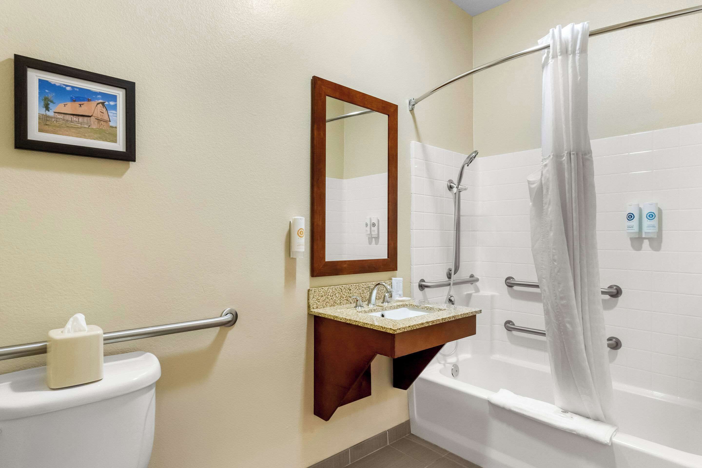 Une salle de bain comprenant des toilettes, un lavabo, un miroir, une douche et un tableau encadré au mur.