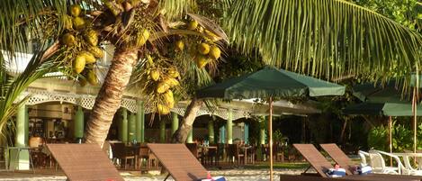 On the beach, white sand, beach umbrellas, beach towels