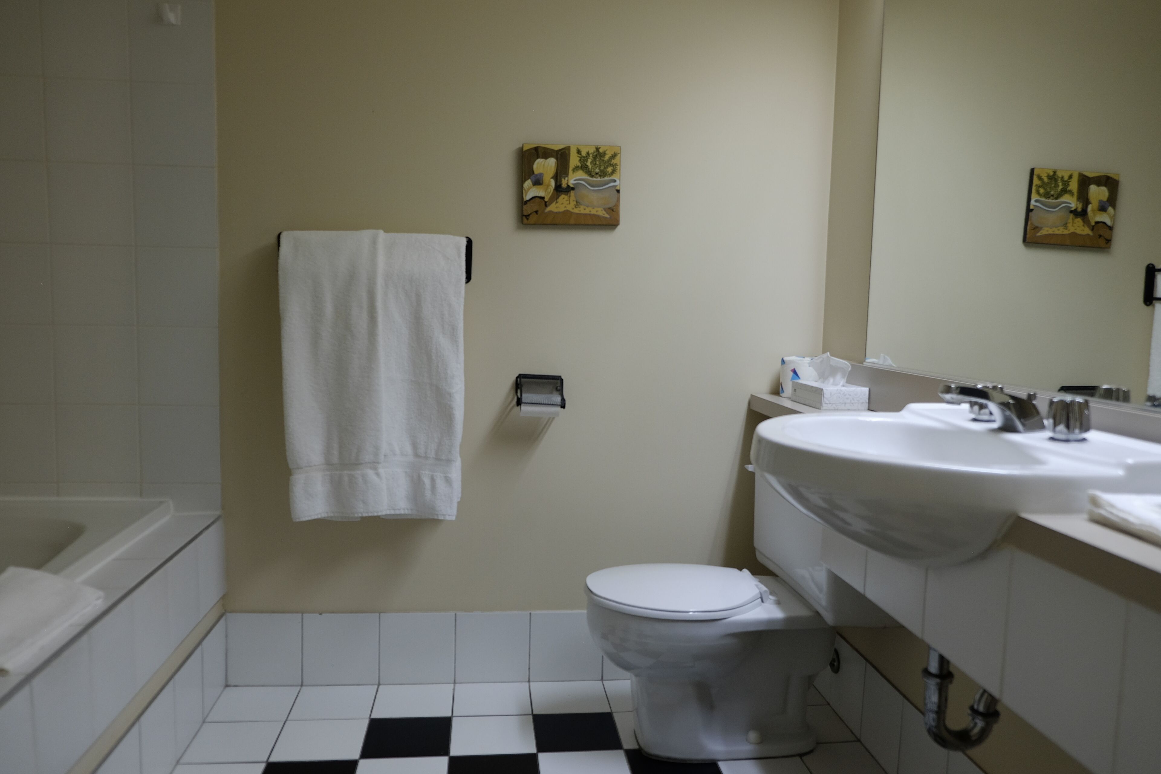 Une salle de bain avec une baignoire blanche, des toilettes et un lavabo. Il y a deux tableaux accrochés au mur.