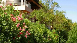 A pathway leading to a building with a balcony, surrounded by lush greenery and pink flowers. - Lagrange Vacances Les Pierres de Jade (Saint-Cyprien)